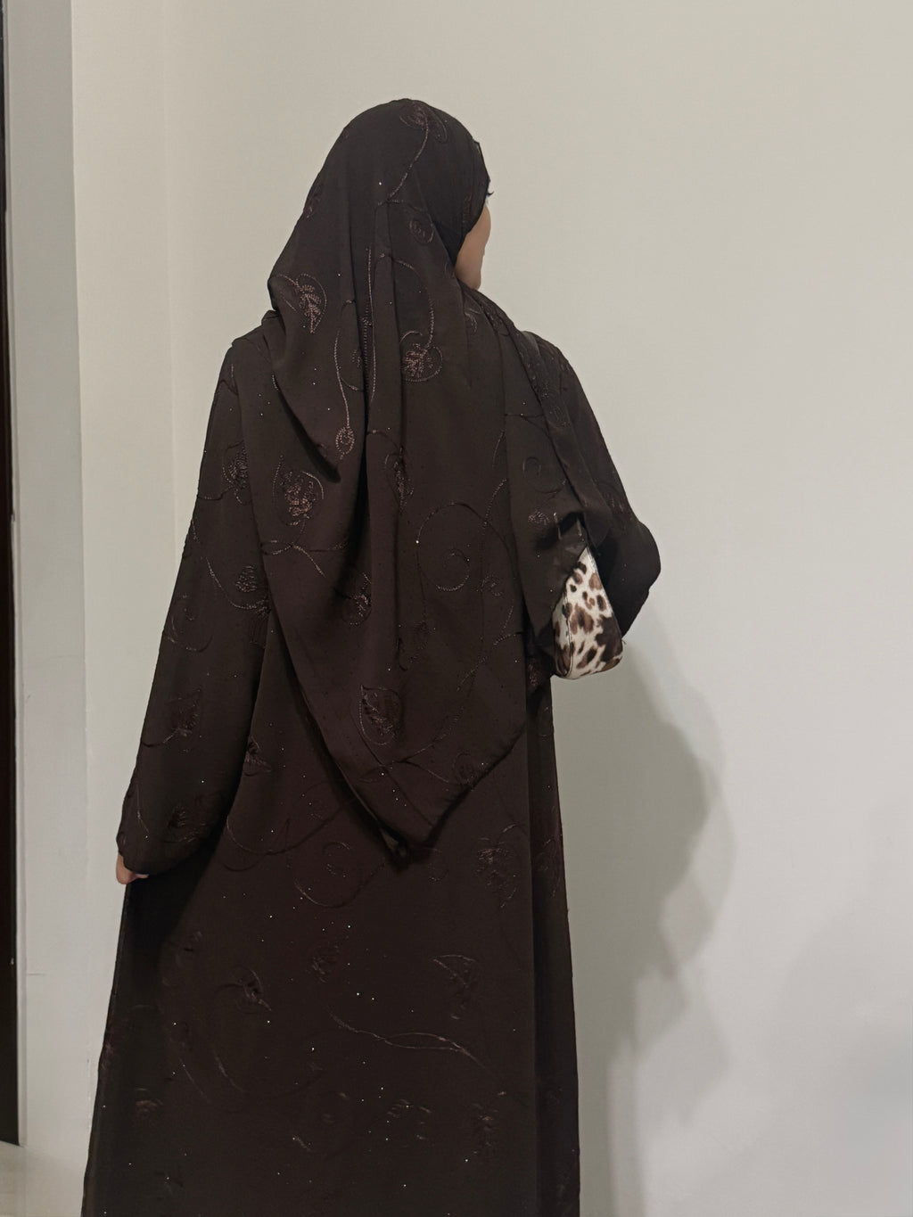 Chiffon Sequin-Studded Brown Front-Open Shrug Abaya