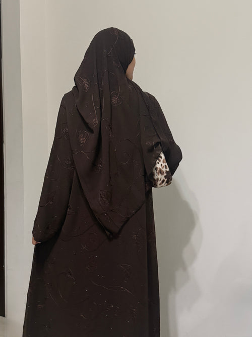 Chiffon Sequin-Studded Brown Front-Open Shrug Abaya