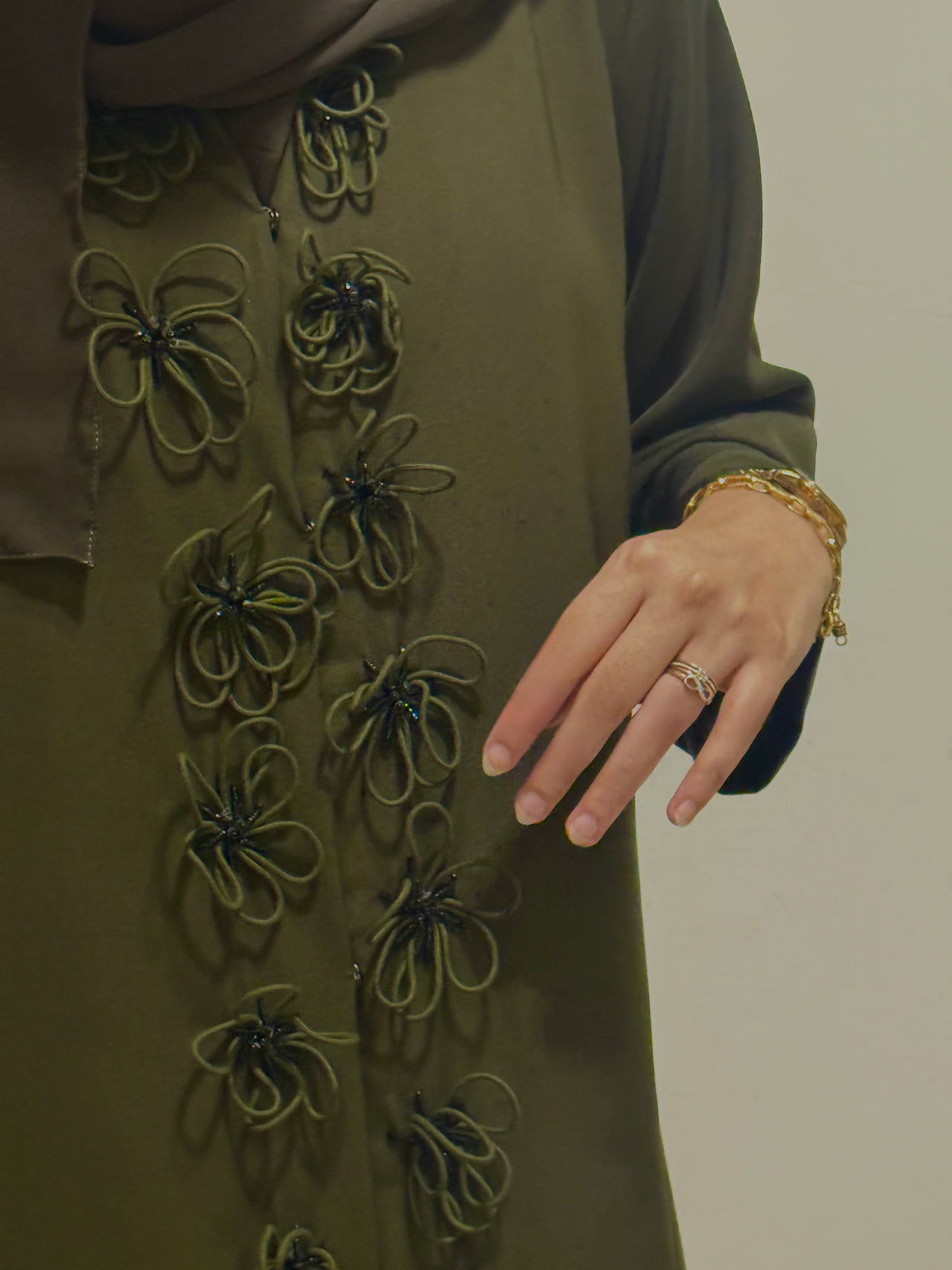 Olive Premium Nada Abaya with Statement Thread Work