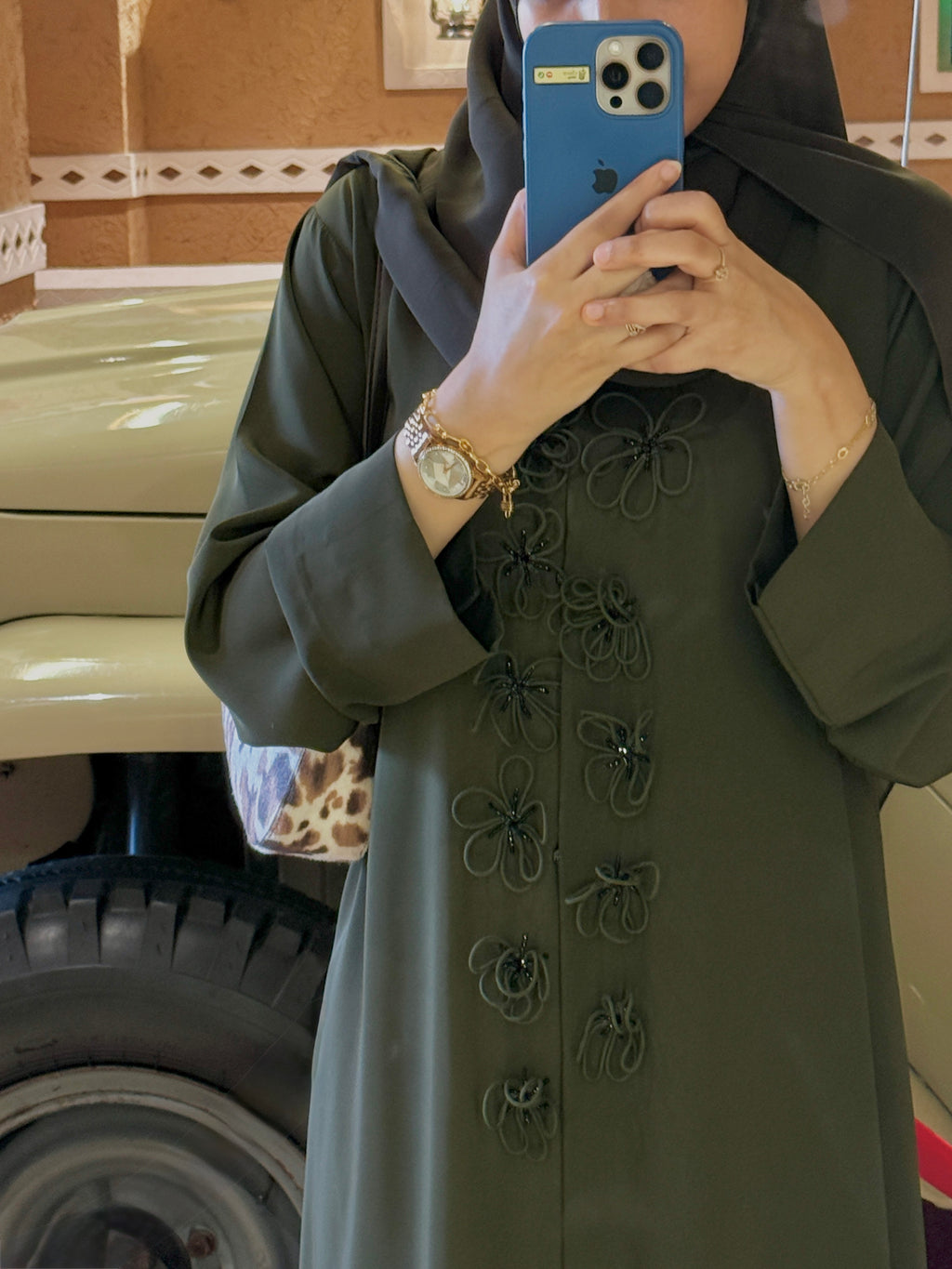 Olive Premium Nada Abaya with Statement Thread Work